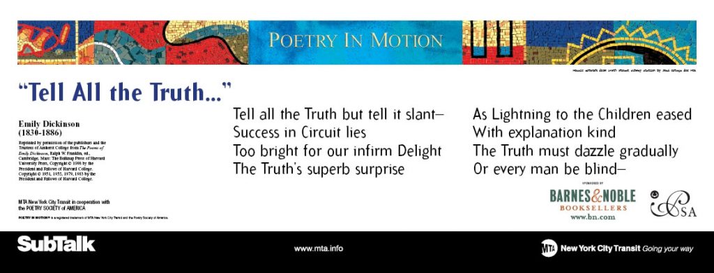 Emily Dickinson’s “Tell All the Truth” in a Poetry in Motion subway card | Corcoran