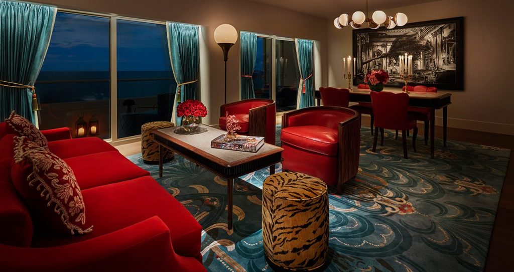 Richly theatrical, the Faena Miami Beach is all about palatial fabrics and animal prints, and dramatic patterns.