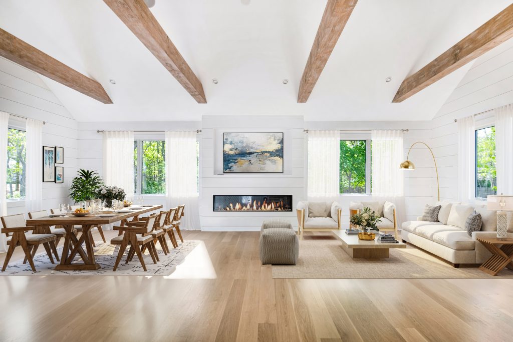 The living room and fireplace at 20 Ridge Road in Wainscott.