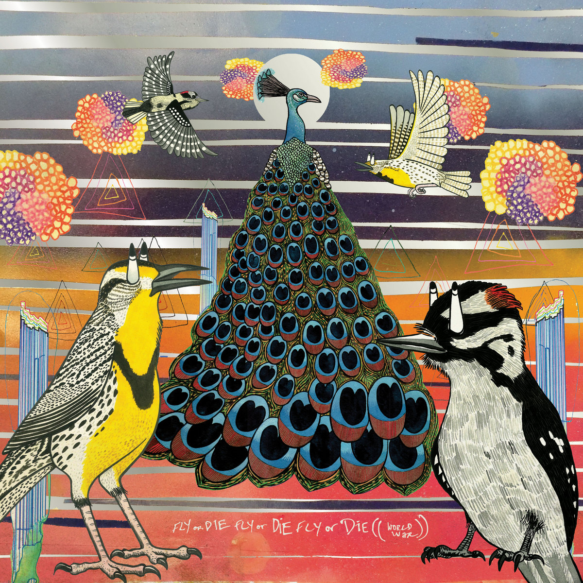 A painting centered on a brilliant peacock also features 4 smaller birds, each looking to the sky with exaggerated eye balls pointing up