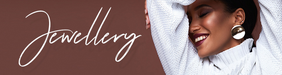 h4-img-3 Smiling woman in a white sweater and large gold earrings poses with her arm raised, next to the word Jewellery in elegant script on a brown background.