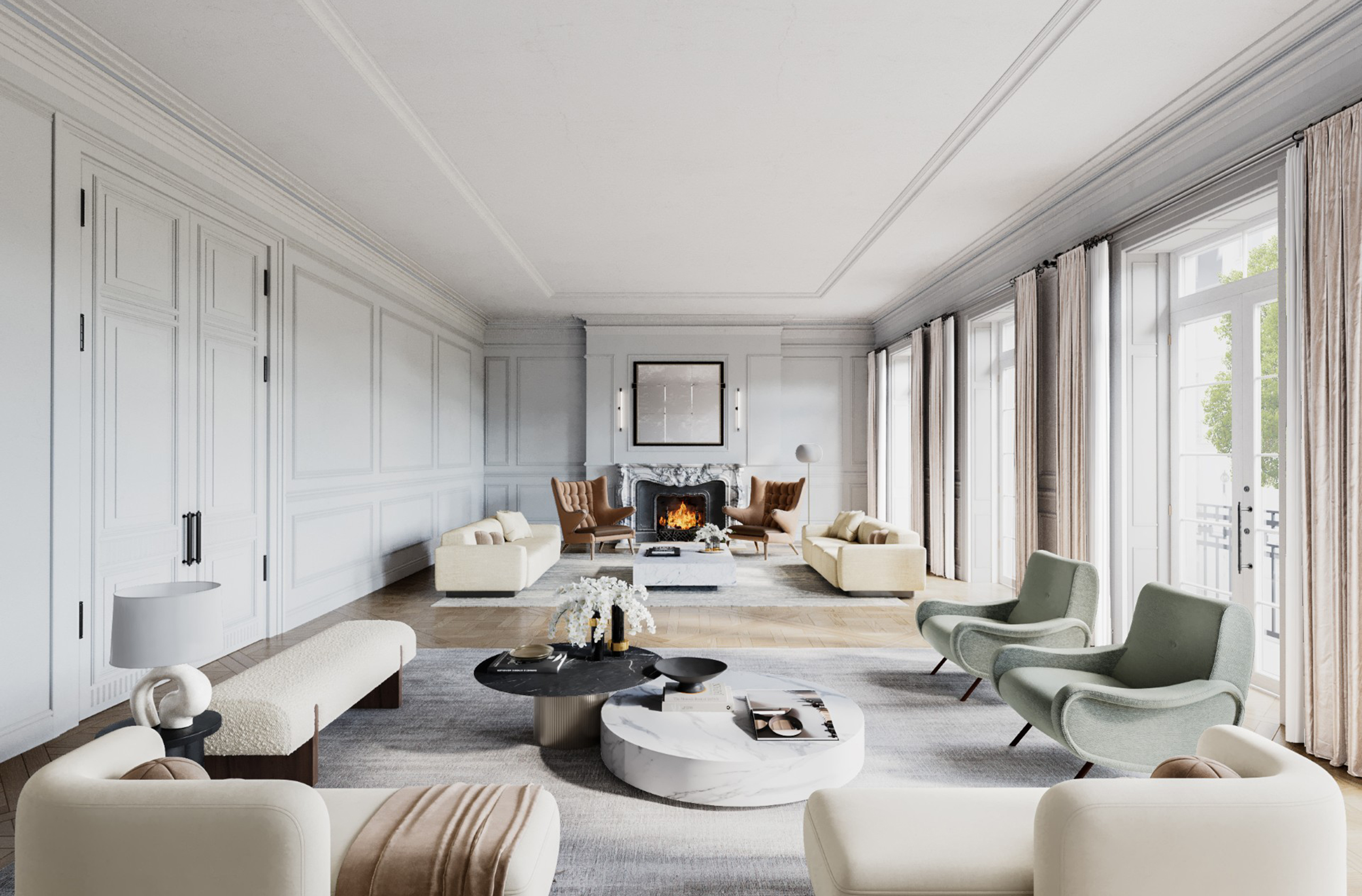 A spacious, elegant living room with a high ceiling, large windows with light curtains, a central fireplace with a mirror above it, brown and green armchairs, cream-colored sofas, and two round coffee tables with decorative items.