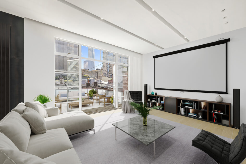 55 Walker_07_final Modern living room with a white sectional sofa, marble coffee table, large projector screen, bookshelf, and glass doors opening to a balcony with city views—perfectly channeling the elegance of Manhattan penthouses on a sunny day.