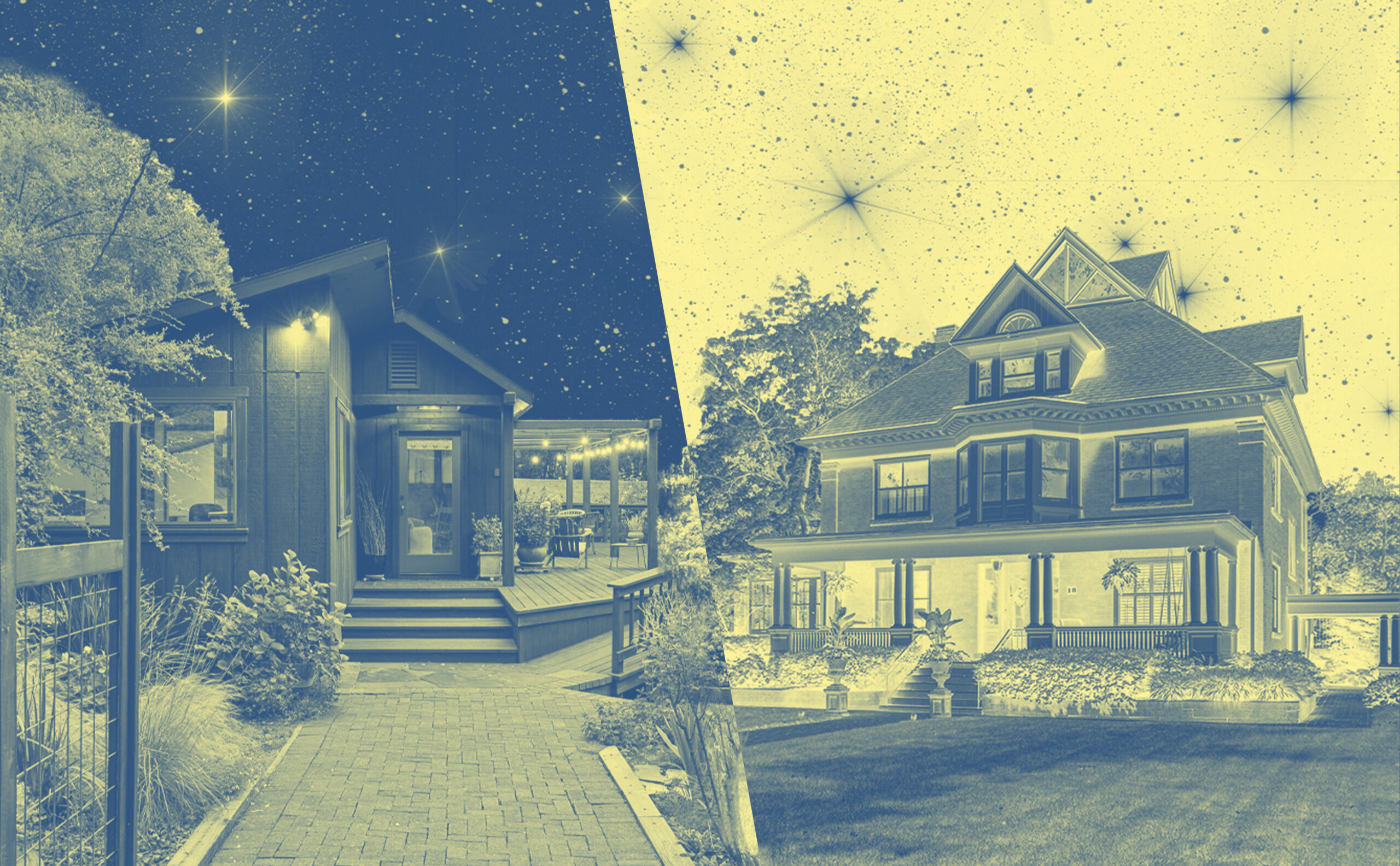 A split image shows a modern house at night on the left and a traditional Victorian-style house during the day on the right, with a starry sky over both, capturing the dramatic contrasts and vibrant energy of leo season.