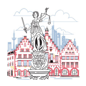 An illustration of the Lady Justice statue with a sword and scales in front of colorful, gabled European-style buildings and a city skyline.