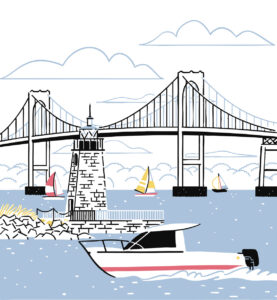 Illustration of a boat on the water near a lighthouse, with sailboats and a large suspension bridge in the background. The text reads corcoran and live who you are below the image.