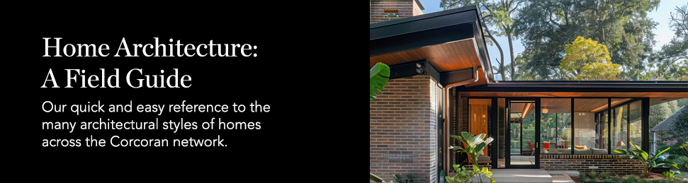 A modern brick and glass house with large windows and a flat roof sits amid trees; text on the left reads Home Architecture: A Field Guide and describes a reference to home architectural styles.