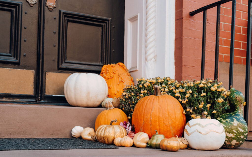 A group of colorful pumpkins and gourds, including white, orange, and green ones, are arranged on the steps of a doorway alongside yellow flowers and festive cookbooks, creating a warm autumn display.
