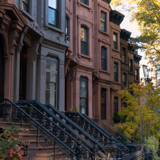 Row of historic brownstone buildings with black iron railings and steps, including a charming Brooklyn condo, surrounded by trees with autumn foliage, lining a quiet urban street in soft sunlight.