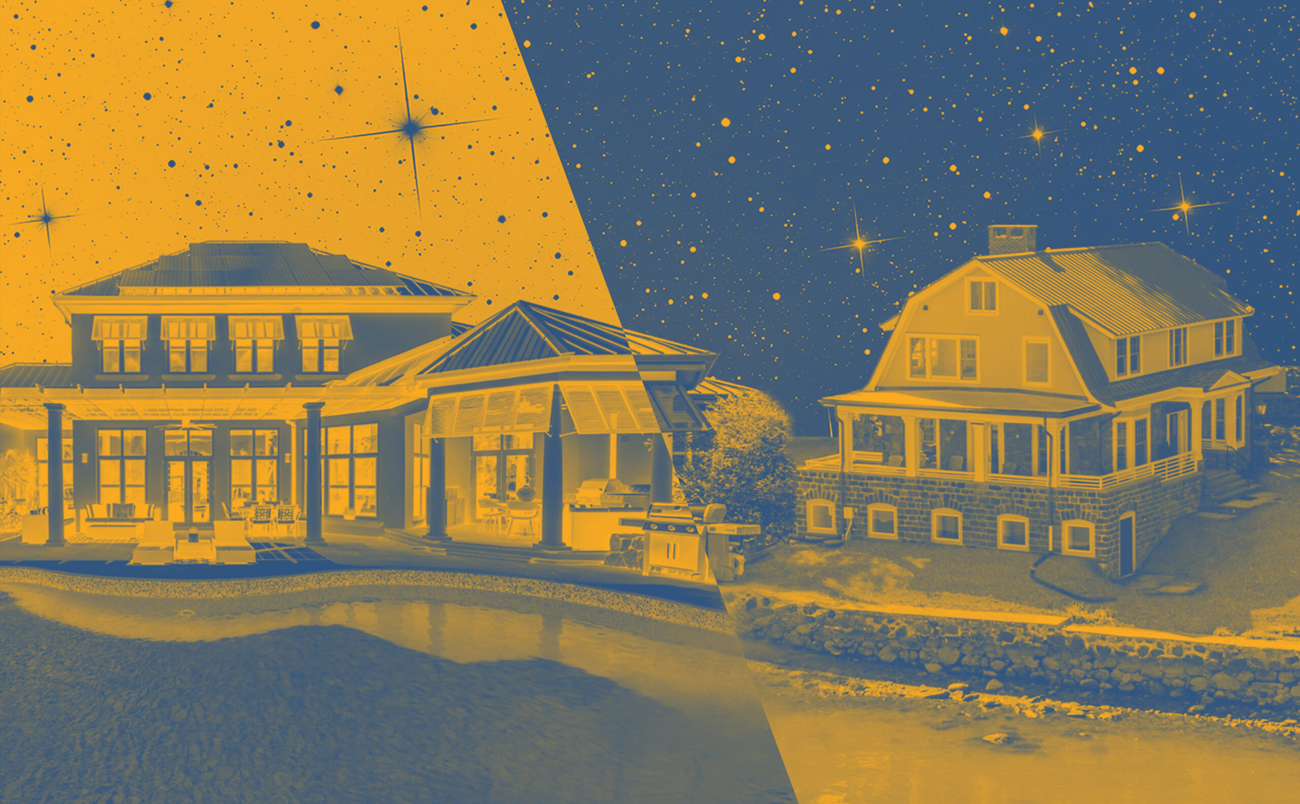 Two large houses are shown side by side beneath a star-filled sky, symbolizing astrological houses. The left is modern, the right traditional; the image is split diagonally with a blue and yellow palette, evoking scorpio season’s mysterious allure.