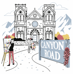 Illustration of an artist painting outdoors near a historic church, with a cyclist riding by, mountains in the background, colorful trees, and a Canyon Road sign adorned with red chile ristras in the foreground.