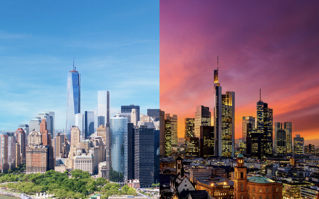 A split image showing two city skylines: on the left, New York City in daylight with bright blue sky; on the right, Frankfurt at sunset with colorful clouds and city lights starting to glow.