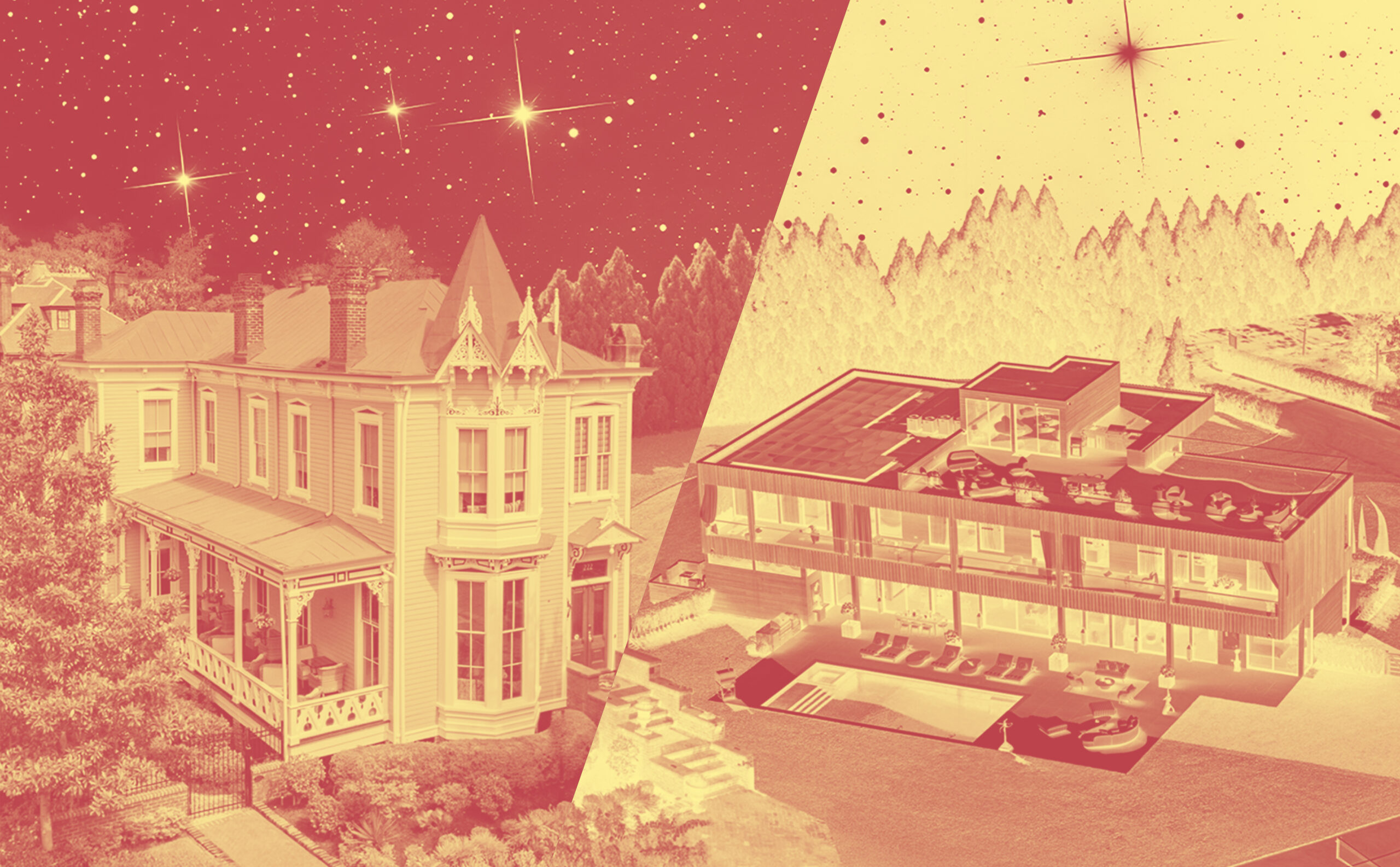A split-image shows a vintage Victorian house on the left and a modern glass-walled home on the right beneath a starry sky, evoking the dreamy spirit of Sagittarius season.