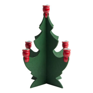 A small, green, wooden Christmas tree-shaped candle holder with four red candle holders at the ends of the branches—perfect for adding festive charm to your holiday table alongside your favorite cookbooks.