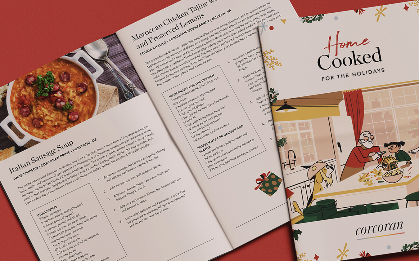 An open cookbook titled Home Cooked for the Holidays displays recipes for Italian Sausage Soup and Moroccan Chicken Tajine, with a charming cover illustration of a family gathered at a festive dinner table.
