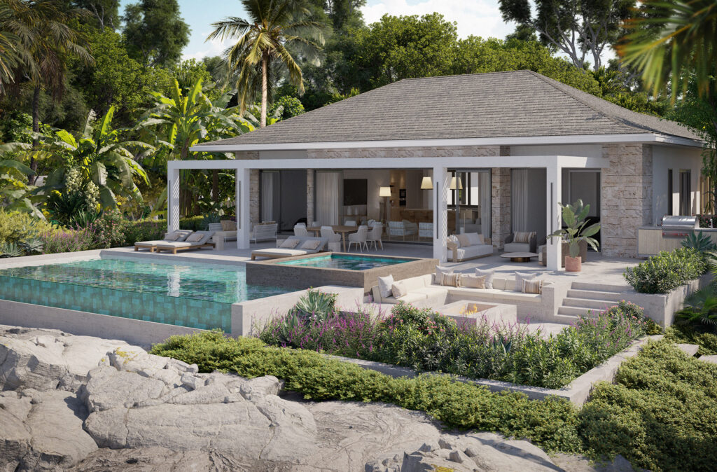 A modern villa surrounded by lush greenery features an outdoor pool, shaded patio with lounge seating, and stone pathways—an ideal tropical retreat perfect for new devs seeking a luxurious and tranquil escape.