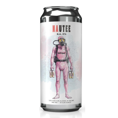 A beer can labeled NAUTEE N.A. IPA features an illustrated person in a pink hazmat suit holding cans, with Mad Squad written on the chest, set against a watercolor background—perfect for holiday decorating enthusiasts.