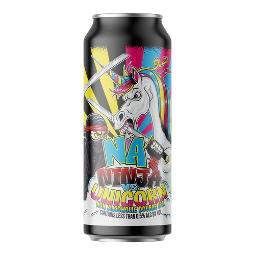 A colorful beer can featuring a cartoon ninja clashing swords with an angry unicorn—perfect for holiday decorating. The label reads NA Ninja vs Unicorn and notes it is a non-alcoholic double IPA with less than 0.5% ABV.