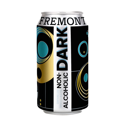 A can labeled Fremont Non-Alcoholic Dark with a modern, abstract design featuring blue, gold, and white circular patterns on a black background—perfect for stylish holiday decorating.