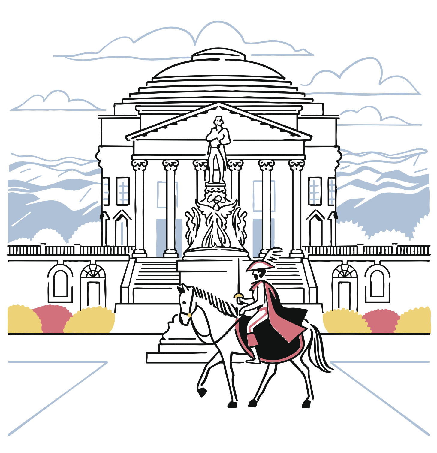 A person wearing a cape and hat rides a horse in front of a grand building with columns and a domed roof, featuring a statue and staircase, with bushes and clouds in the background.