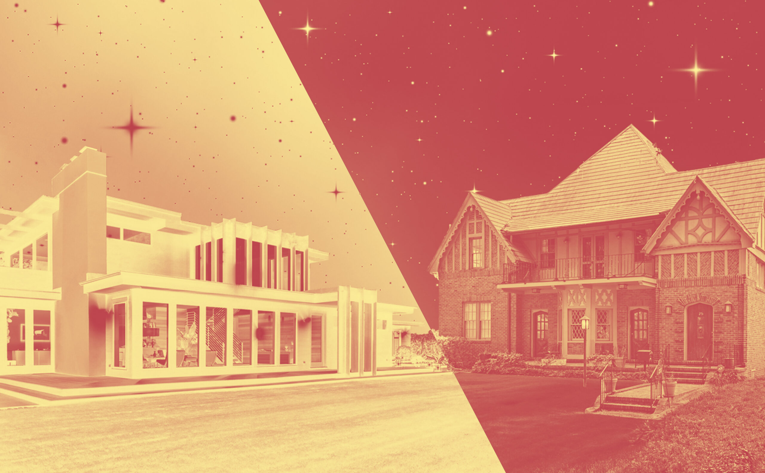 A split image shows a modern house on the left and a traditional brick house on the right. The background is filled with stars, evoking astrological houses, and the image has a red and yellow vintage filter.