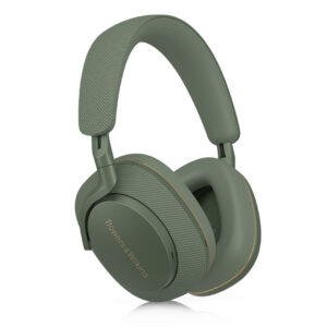 Green over-ear wireless headphones with cushioned ear pads and headband, featuring subtle gold trim—perfect for holiday decorating playlists. The Bowers & Wilkins branding and modern, textured design add a festive touch.