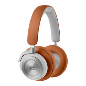 Over-ear headphones with tan leather cushions and headband, silver metal ear cups, and B&O logo on the side. The modern, sleek design in tan and silver adds a stylish touch perfect for your holiday decorating sessions.