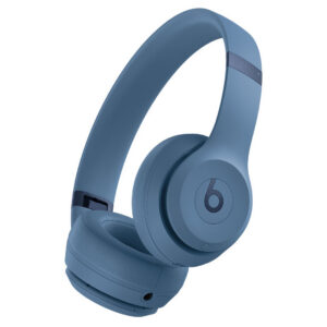 A pair of over-ear wireless headphones in matte blue, featuring the Beats logo on the earcup and a padded headband and ear cushions—perfect for enjoying music while holiday decorating.