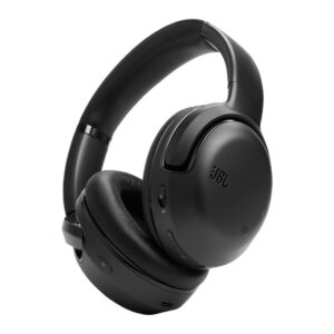 A pair of black over-ear JBL headphones with cushioned ear pads and headband, featuring control buttons on the ear cups—perfect for enjoying music while holiday decorating, shown against a white background.