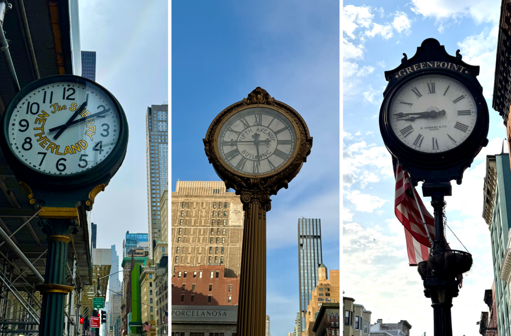 3 vertical clocks A split image of three antique street clocks, ordinary landmarks in New York City, each on ornate posts with buildings and a cloudy sky behind. The clocks display different times and showcase unique designs and signage.
