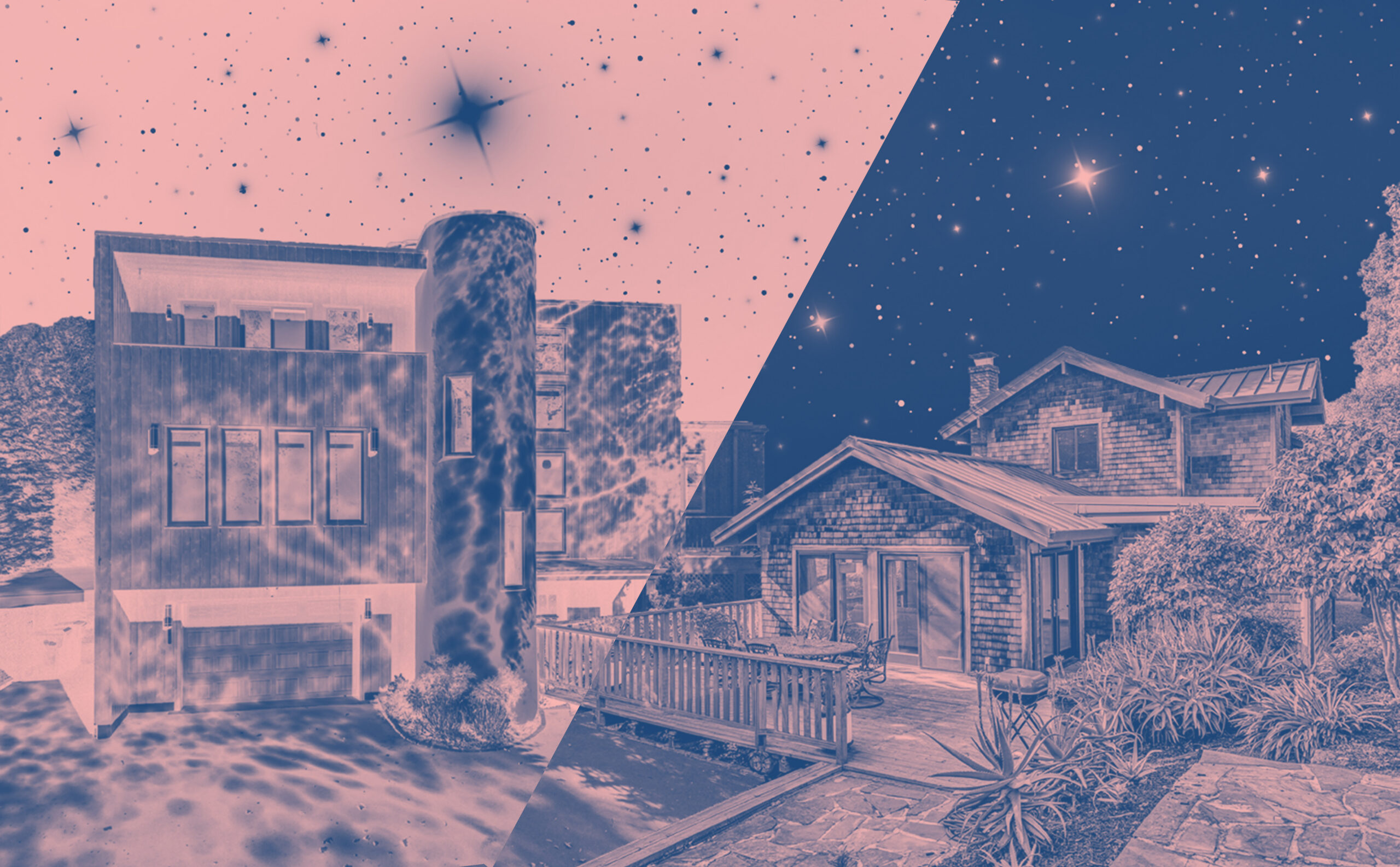 Split-image: On the left, a modern house with boxy architecture and large windows under a starry sky; on the right, a rustic home with wood siding and lush plants, both glowing beneath a starry night.