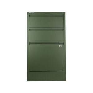 A green metal filing cabinet with three drawers, ideal for organizing holiday decorating supplies. The bottom drawer features a key lock, and the Bisley brand name is visible in the top left corner. Photographed against a white background.