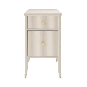 A white, two-drawer nightstand with gold round knobs and subtle vertical grooves on the drawer fronts, standing on four slender legs—perfect for holiday decorating in any bedroom.