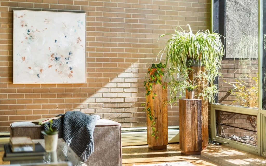 Sunlit room with a brick wall, abstract art, and a gray ottoman draped with a blanket—evoking the tranquil charm of equestrian estates—with three tall wooden plant stands holding leafy green plants near large windows.
