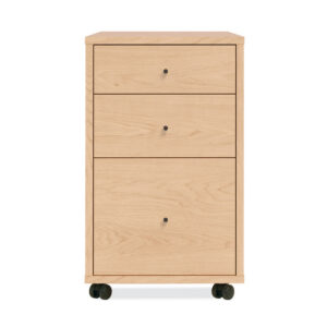 A light wood filing cabinet with three drawers, each with a round black knob, and four black caster wheels for mobility—perfect for organizing your space, even during holiday decorating.