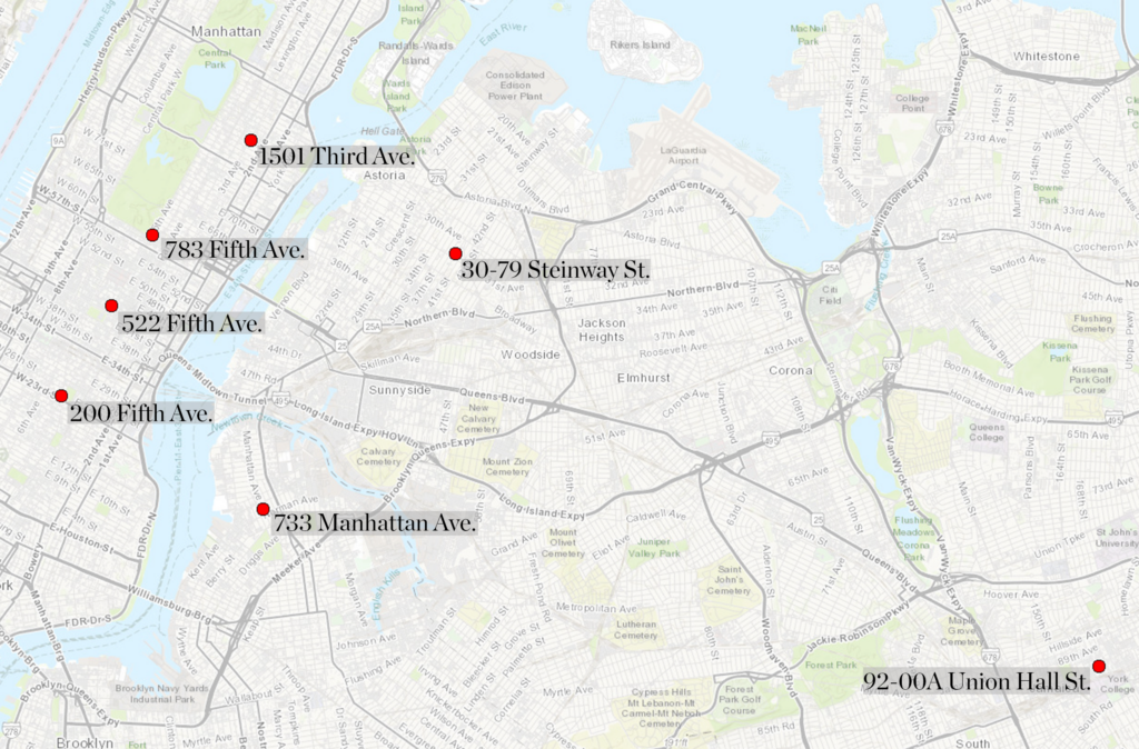 sidewalk clock map A map of New York City showing seven red dots marking cast-iron sidewalk clock locations across Manhattan, Brooklyn, and Queens: various locations on Third Ave, Fifth Ave, Steinway St, Manhattan Ave, and Union Hall St.