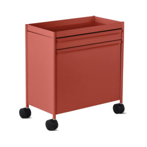 A red, rectangular storage cart with two drawers and four black caster wheels, designed for mobility and modern organization—perfect for keeping your holiday decorating essentials neatly organized and easy to move.