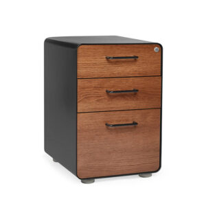A black metal filing cabinet with three wooden drawers, each with a black handle. Perfect for holiday decorating, the top drawer has a lock for securing seasonal items, and the cabinet stands on small gray feet.
