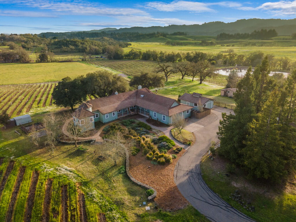 Aerial view of a ranch-style house surrounded by gardens, vineyards, and fields—an idyllic equestrian estate with a winding driveway and distant hills under a blue sky with scattered clouds.
