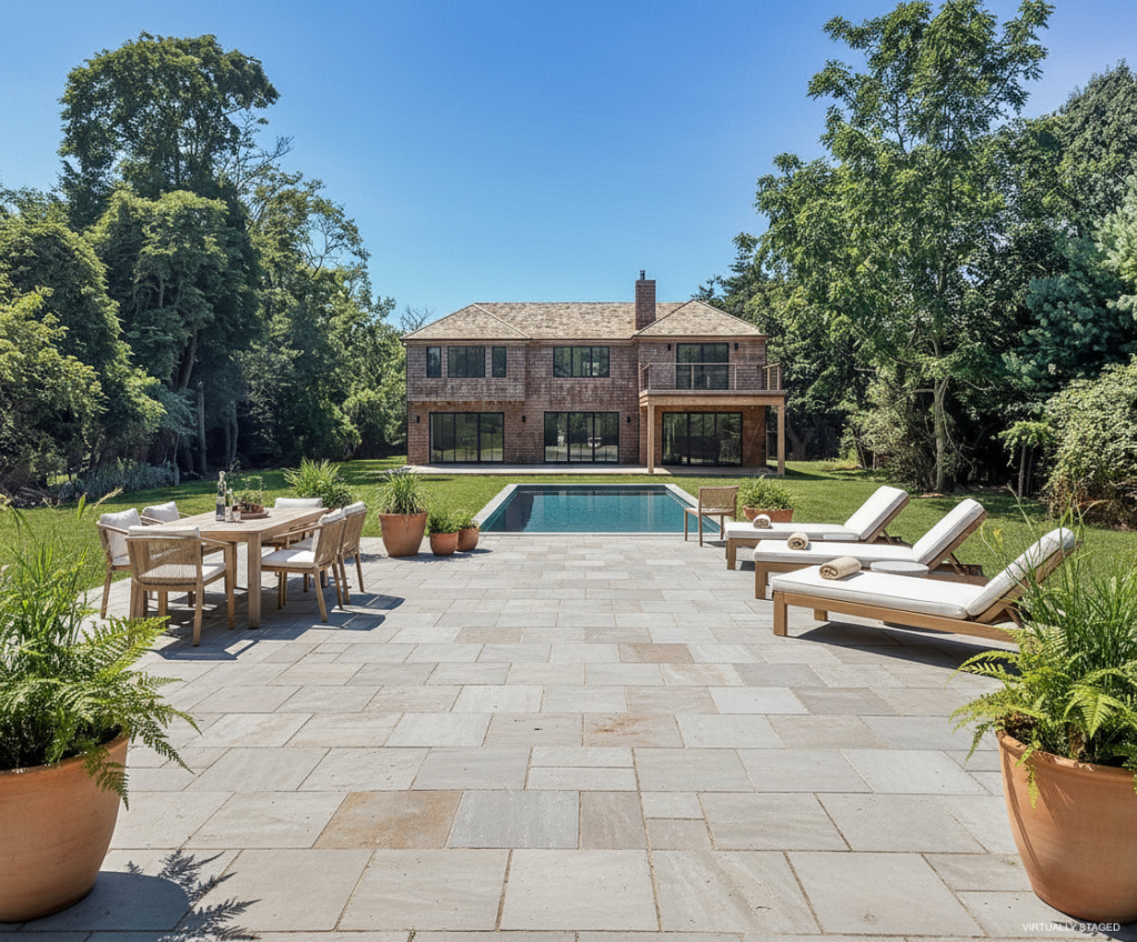 A spacious stone patio with lounge chairs and a dining table overlooks a rectangular pool and a large two-story house, all surrounded by green trees basking in the warmth of Taurus season on a sunny day.