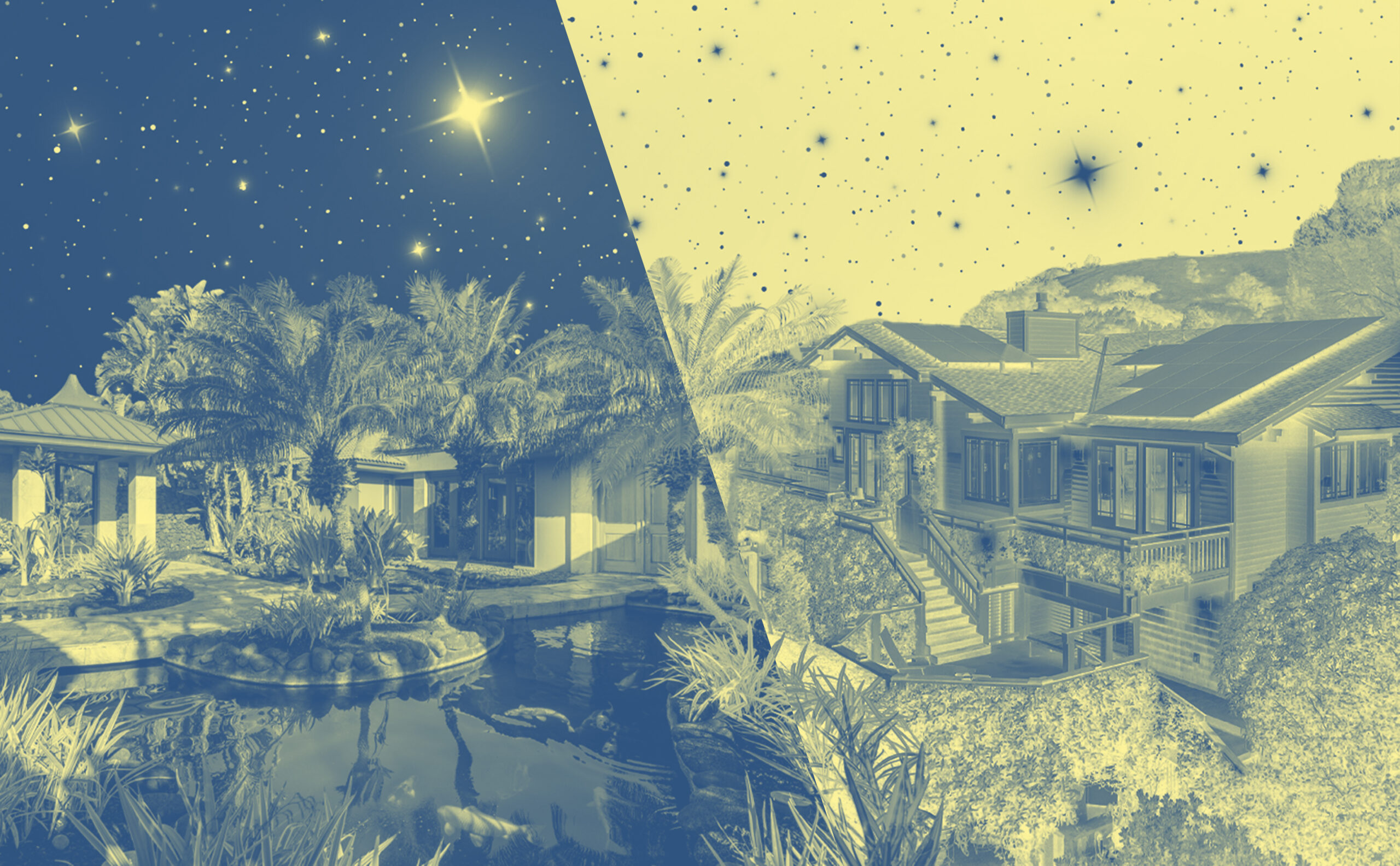 A split-image shows two tropical houses: one side has a lush garden and pond under a dark, starry Taurus season night; the other side features a sunlit house with a pale yellow, star-filled sky.