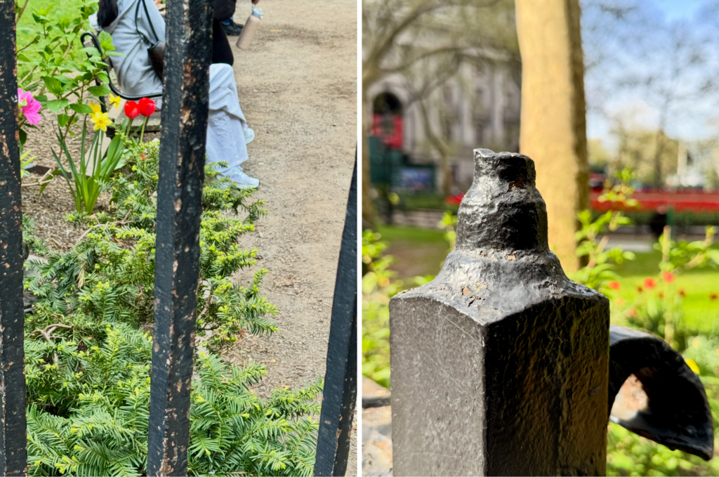 bowling green fence posts A diptych image shows a black iron fence in the foreground. The left panel features green bushes and colorful flowers, with people and a gravel path behind them. The right panel offers a close-up of the fence post against a blurred backdrop of trees and a building.