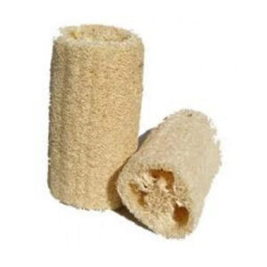 Two cylindrical, beige loofah sponges are shown. One stands upright while the other lies on its side, displaying the fibrous, porous texture—perfect for creative holiday decorating. The background is plain white.