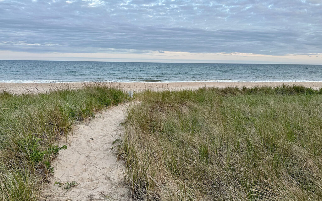 A sandy path winds through tall grass, leading to a beach with gentle waves under a cloudy sky—classic scenery near East End Real Estate.