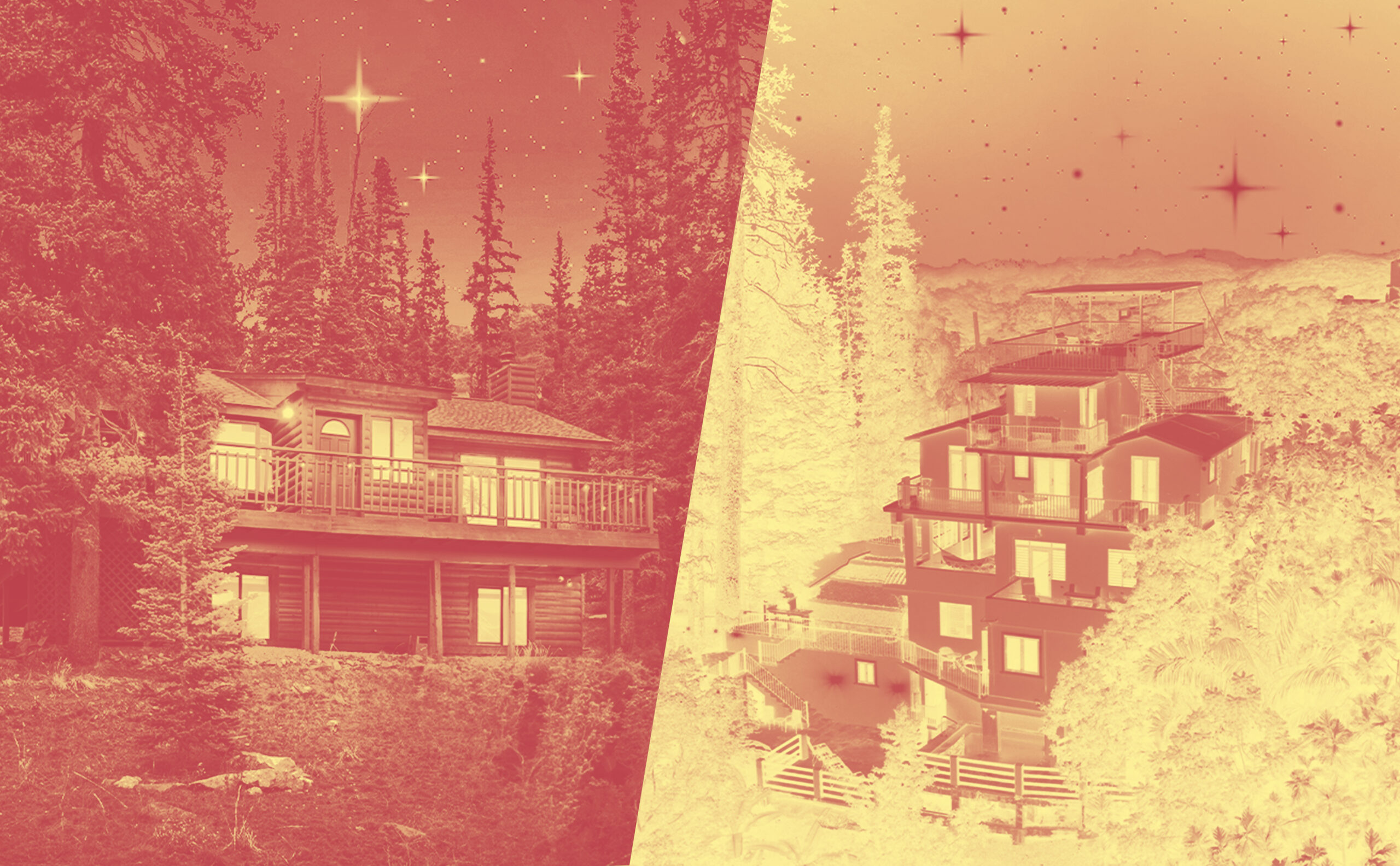 A split image captures a cozy log cabin amid tall trees on the left and a modern multi-story house with balconies on the right, all under a reddish, starry, dreamlike overlay that perfectly evokes the duality of gemini season.