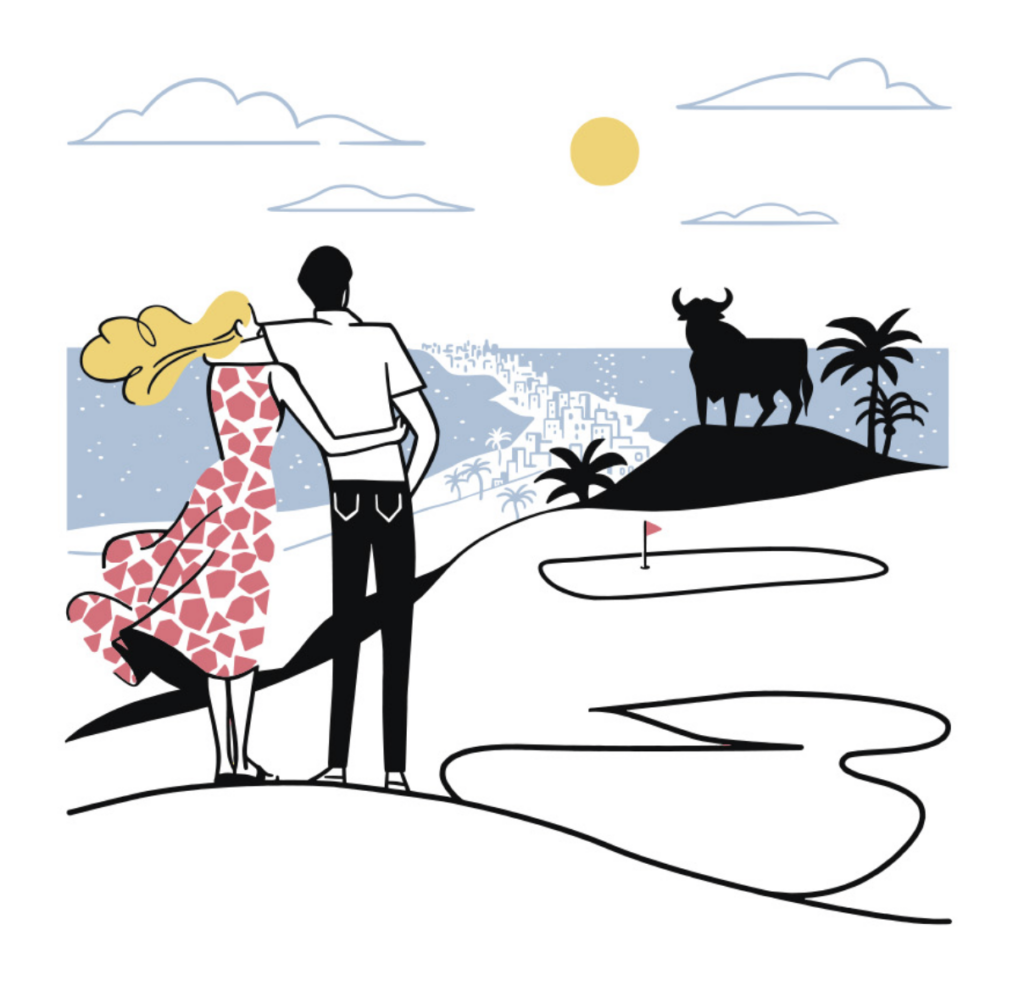 A couple stands arm in arm, looking at a coastal cityscape with a bull statue on a hill, palm trees, a winding path, and a golf flag, under a sunny sky with clouds.