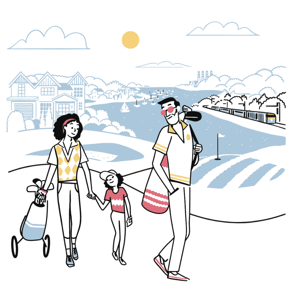 Illustration of a family of three walking on a golf course. The parents carry golf bags, and the child holds their mother’s hand. Houses, water, trees, and a bridge are visible in the background under a sunny sky.