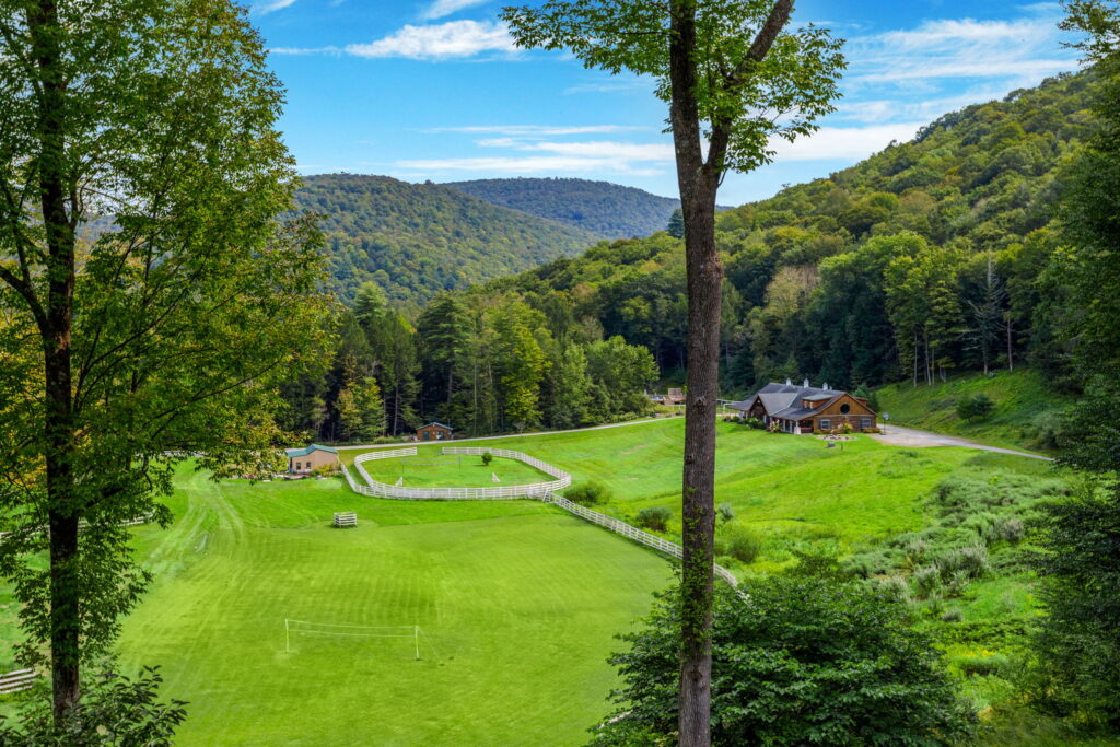A lush green valley with a soccer field in the backyard, wooden fences, and a log cabin-style house, surrounded by dense forested hills under a bright blue sky with scattered clouds.