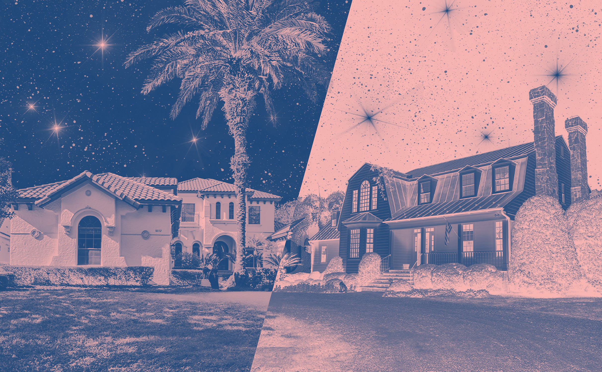 A split-image shows two different houses under starry skies during cancer season: on the left, a Mediterranean-style home with palm trees; on the right, a traditional two-story home with chimneys. The image has a blue and pink color filter.