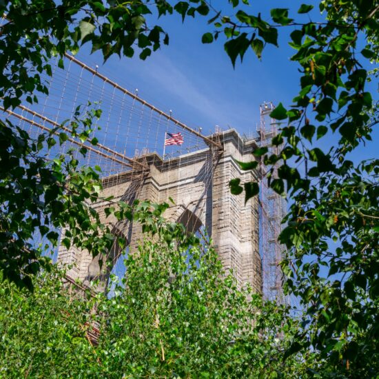 The Brooklyn Bridge tower and an American flag are seen through green leafy branches against a bright blue sky, offering a picturesque view often enjoyed from a nearby Brooklyn condo.